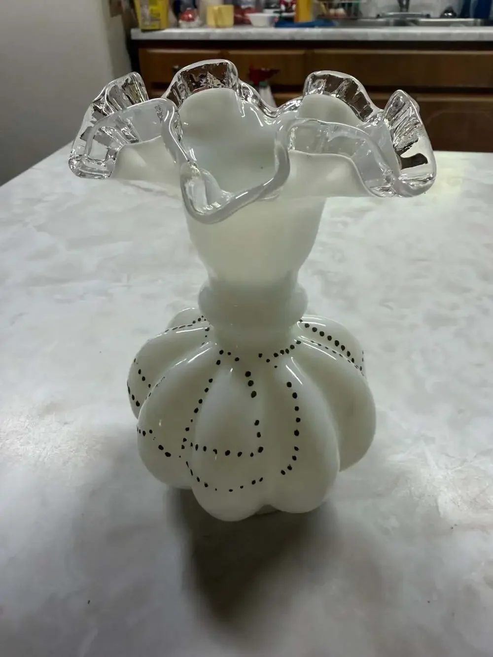 Vintage Fenton Silvercrest Beaded Melon Vase White Milk Glass with Clear Ruffled